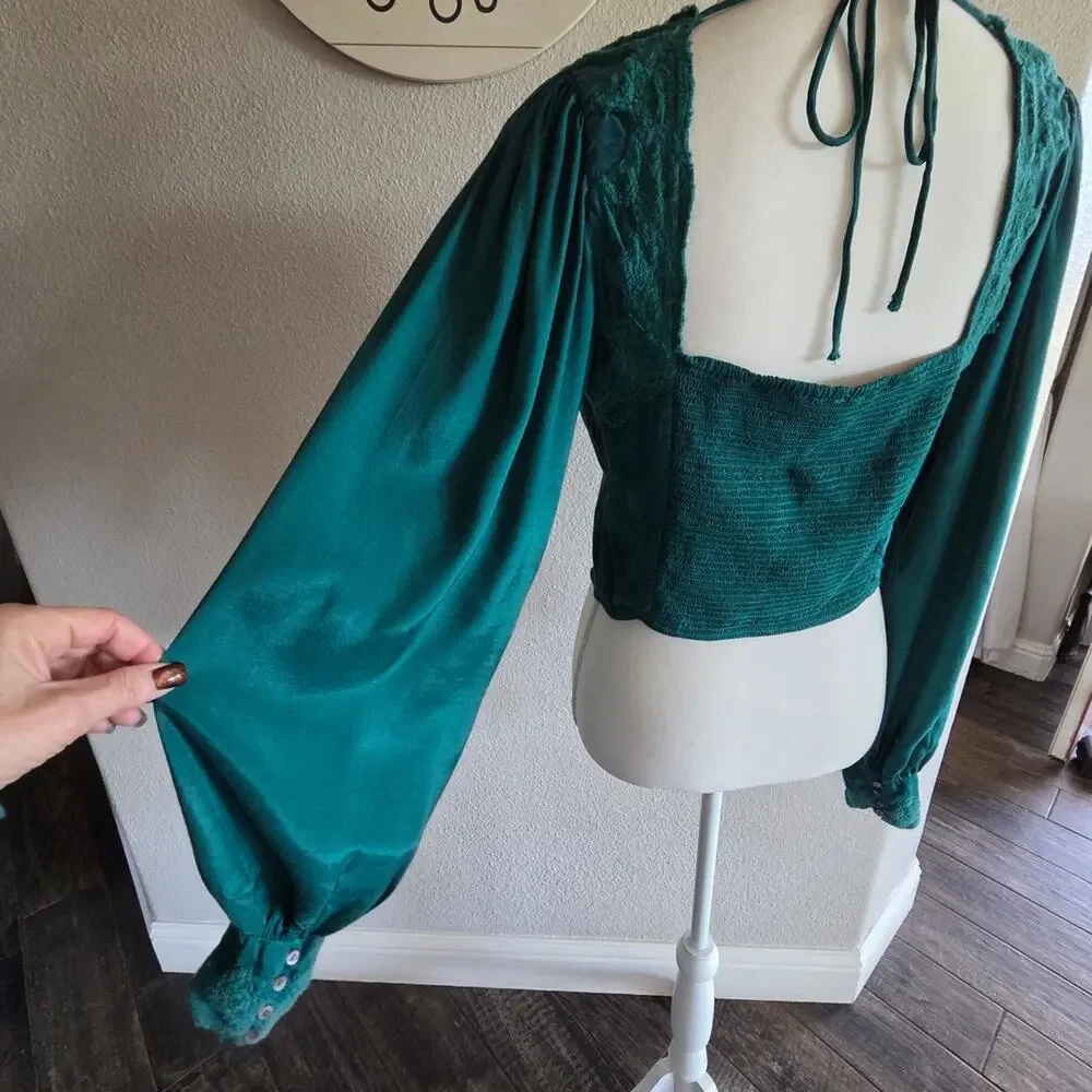 #498 Free People Teal Knit Top with Lace Detail